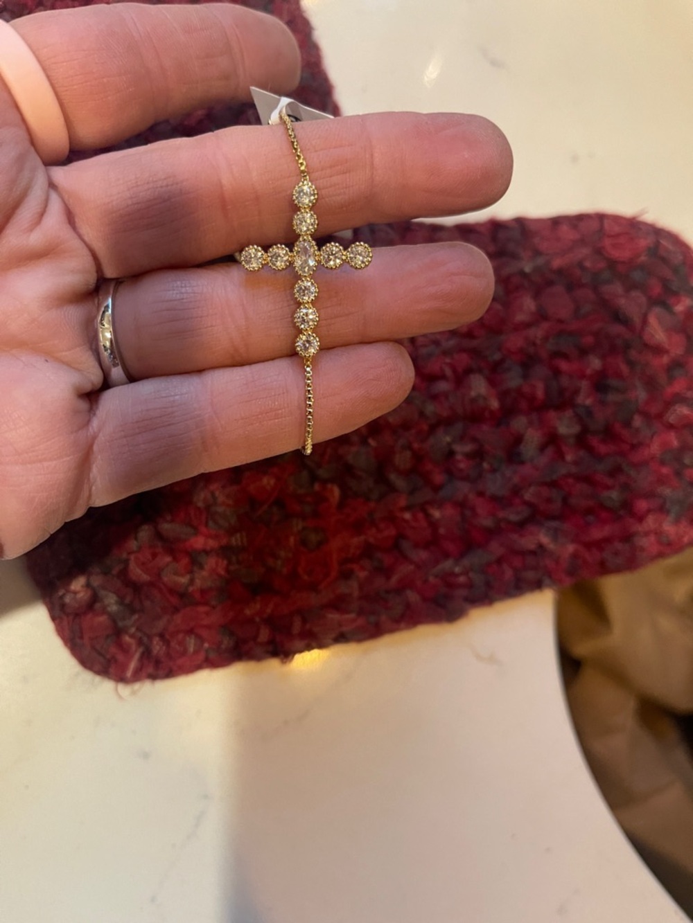 Gold Cross Bracelet with Clear Crystal Accents